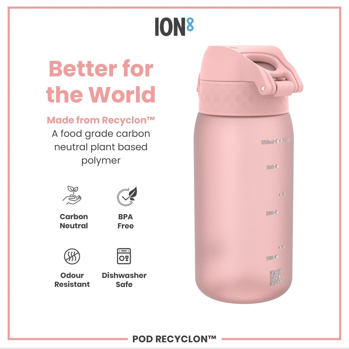 ION8 Recyclon Rose Quartz 350ml water bottle, leak-proof kids bottle with pink rose quartz design and durable construction.