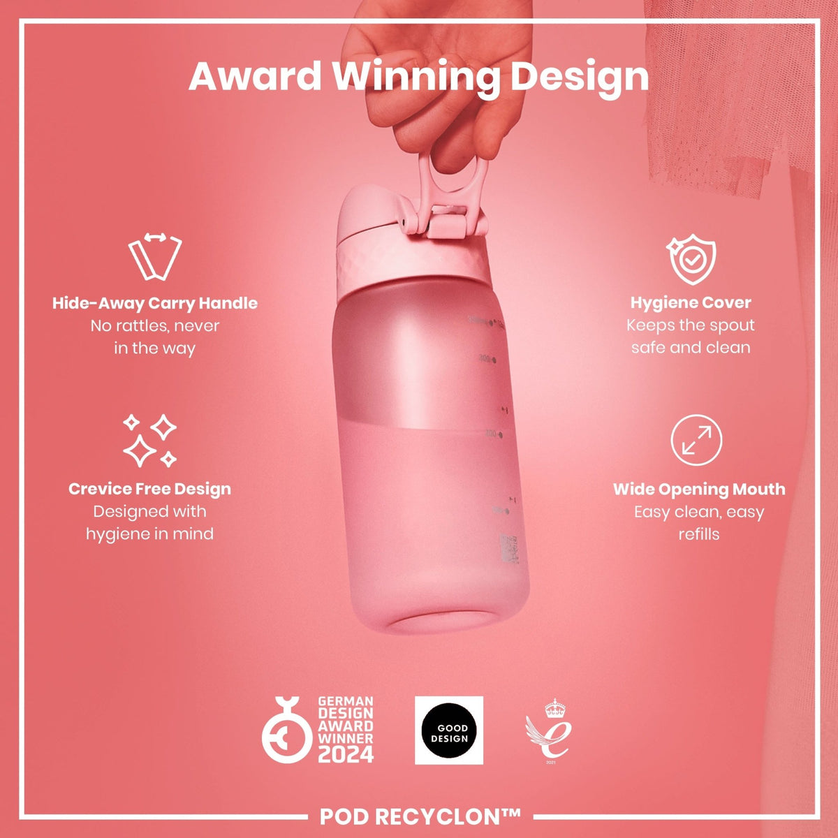 ION8 Recyclon water bottle in rose quartz, 350ml, leak-proof design, ideal for kids, made from recycled materials.