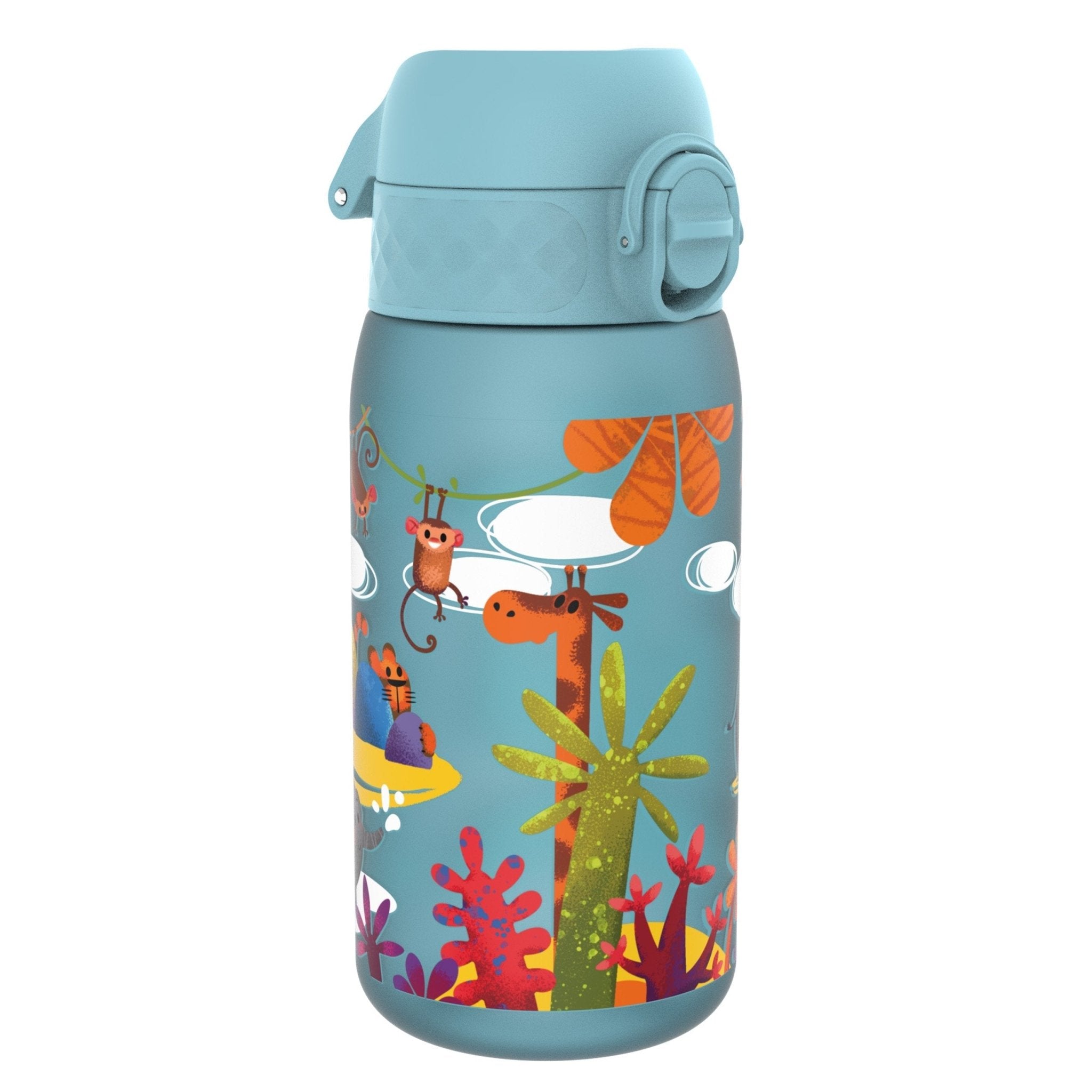 Recyclon Leak Proof Kids Water Bottle by ION8 with Safari design, 350ml (12oz), durable and suitable for children.