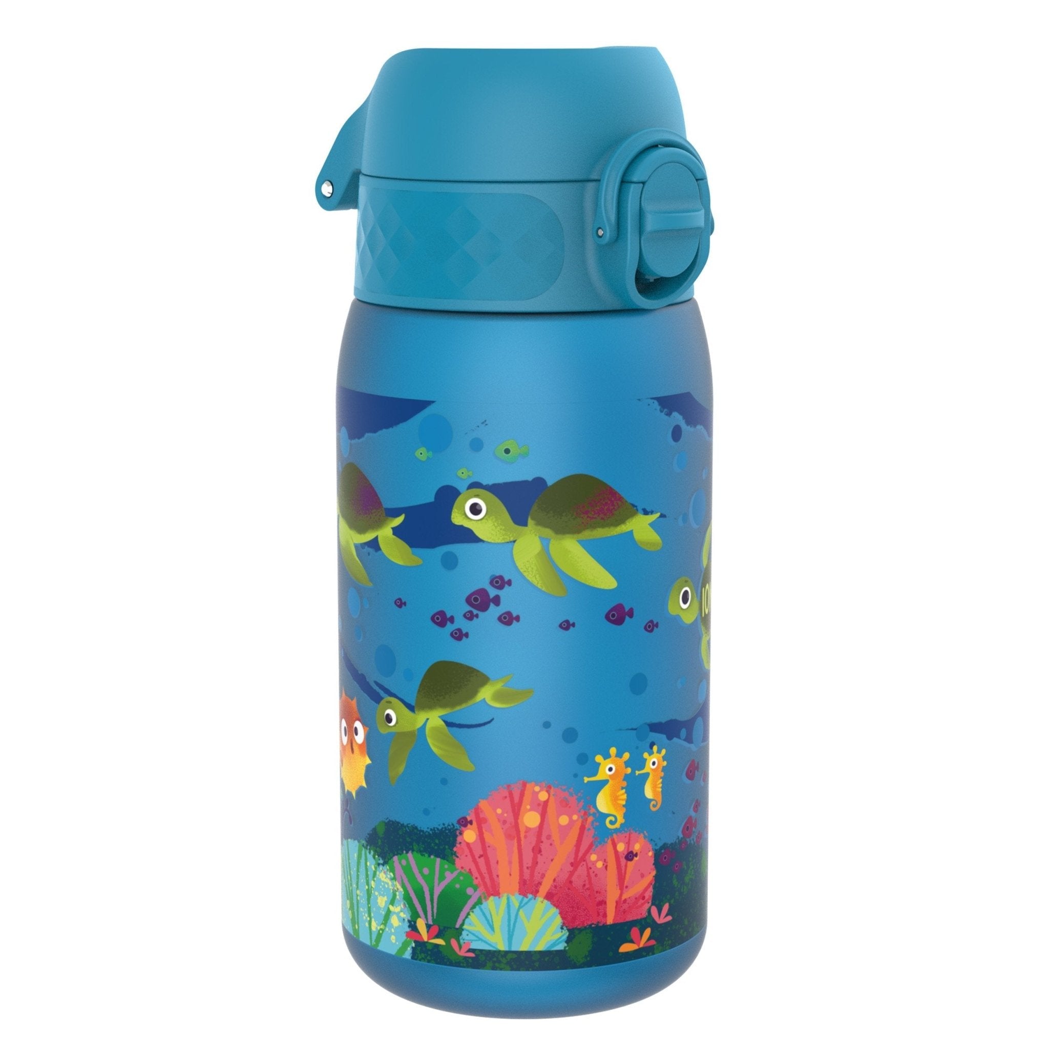 Recyclon leak-proof kids water bottle with sea turtle design by ION8, 350ml (12oz), featuring a durable, spill-proof lid.