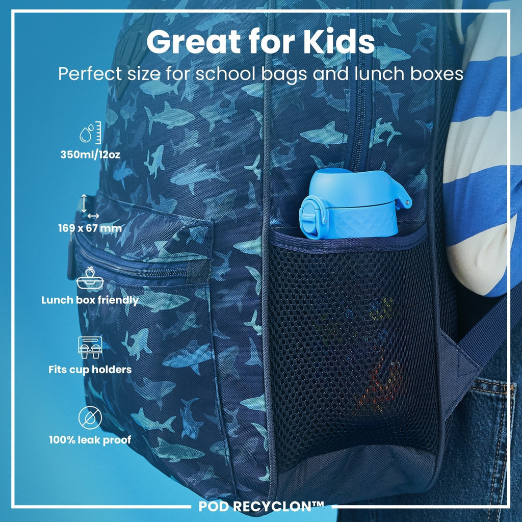 ION8 Recyclon Sea Turtle 350ml leak-proof water bottle for kids, featuring colorful sea turtle design and durable construction.
