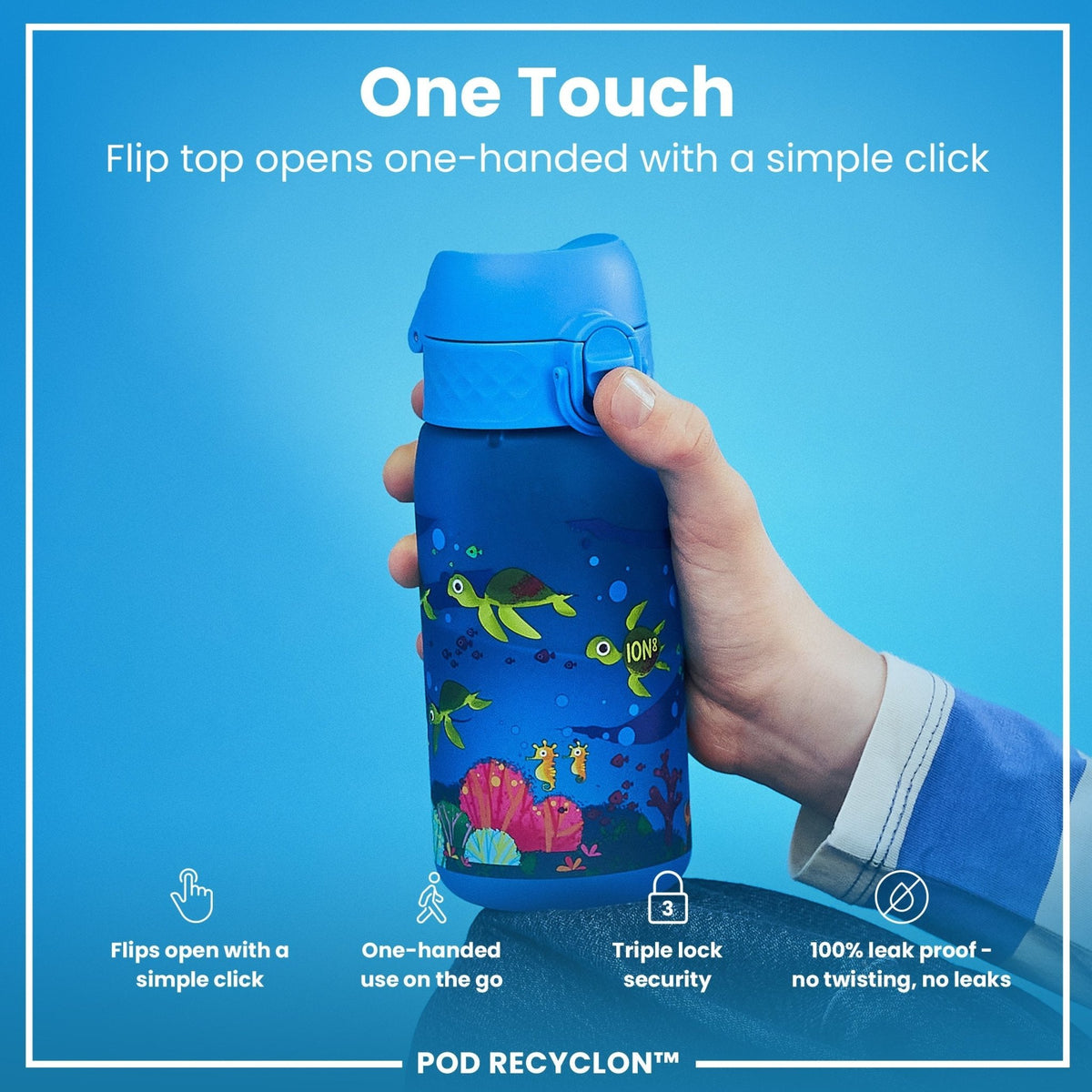 Ion8 Recyclon Sea Turtle 350ml leak-proof kids water bottle with colorful sea turtle design, made from recyclable materials.