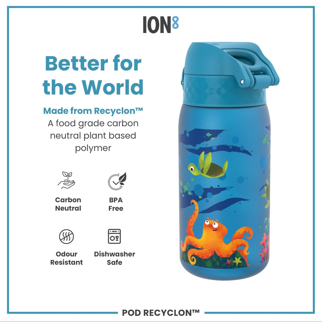 ION8 Recyclon Sea Turtle 350ml leak-proof water bottle, durable plastic, featuring a sea turtle design for kids.