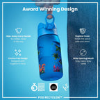 Ion8 Recyclon Sea Turtle 350ml leak-proof kids' water bottle with colorful sea turtle design and durable construction.