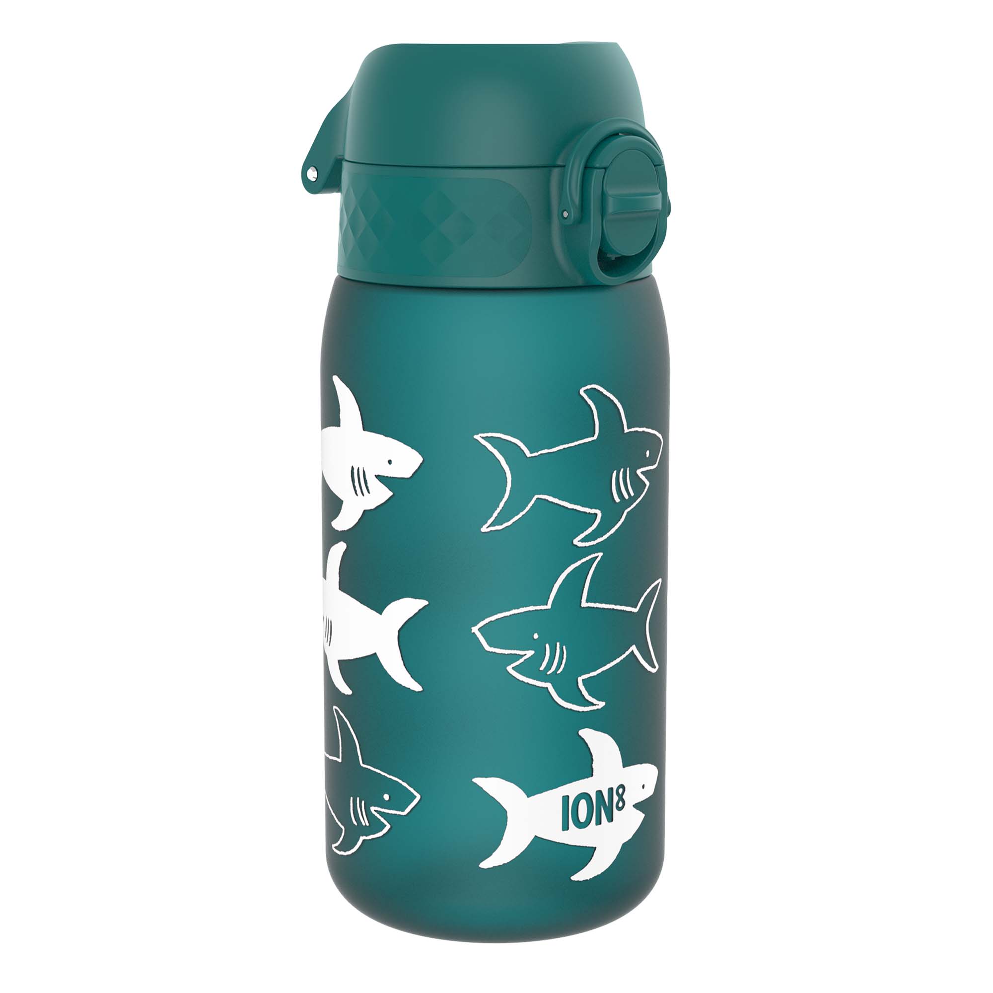 ION8 Recyclon leak-proof kids water bottle with shark design, 350ml (12oz), recyclable plastic, suitable for children.