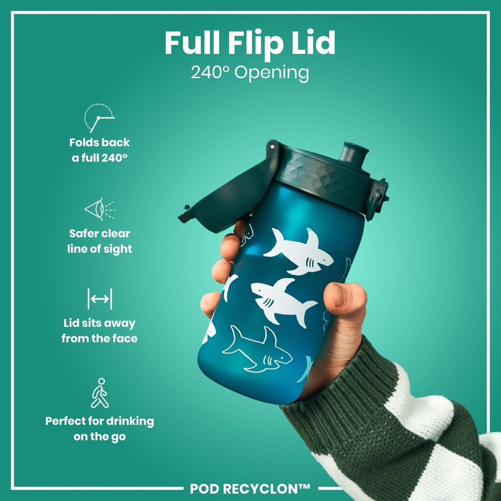 ION8 Recyclon Shark 350ml kids water bottle with leak-proof design and shark graphic, made from recycled materials.