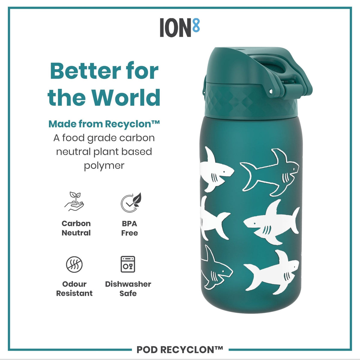 ION8 Recyclon Shark 350ml leak-proof water bottle for kids, featuring a fun shark design and durable Recyclon material.