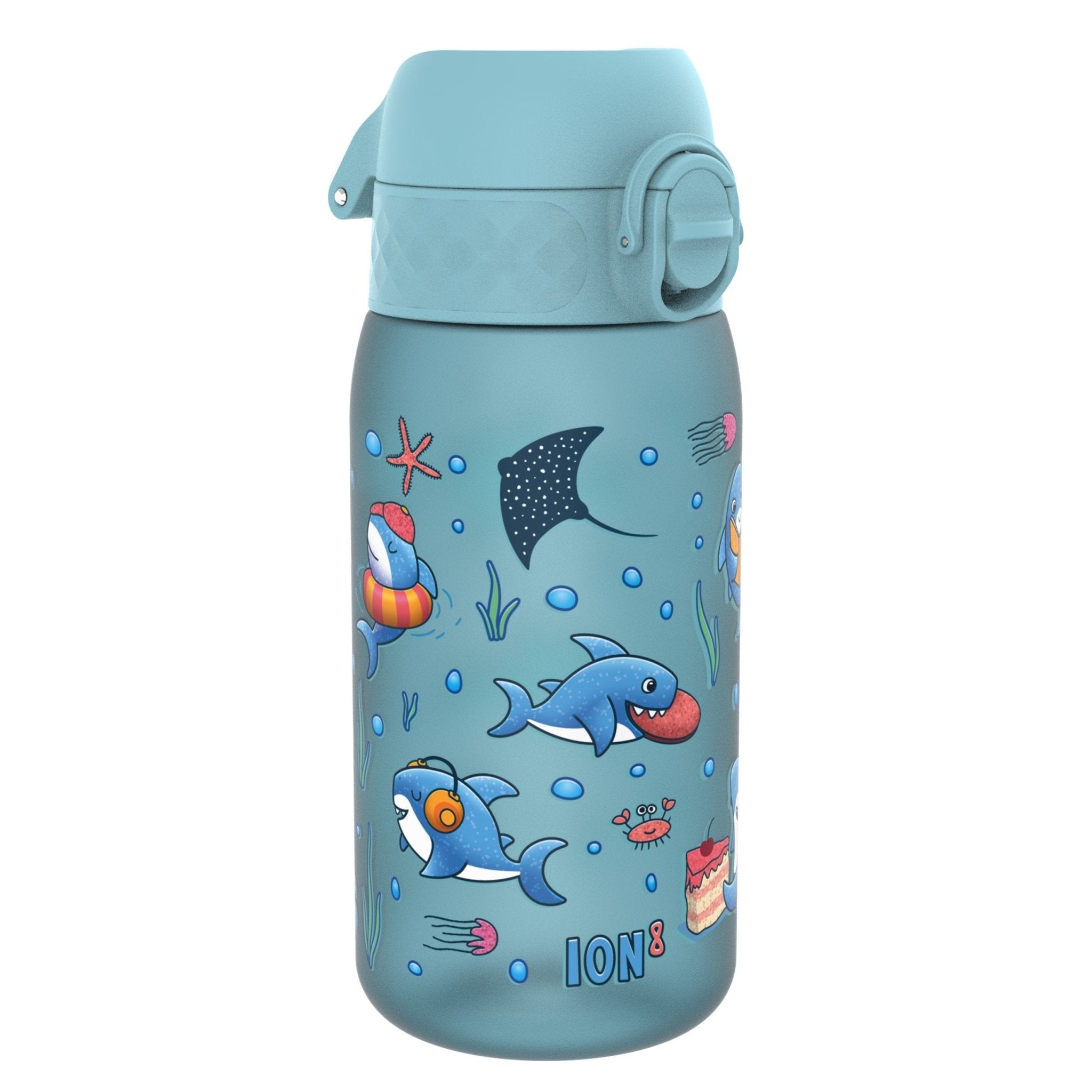 Recyclon leak-proof kids water bottle by ION8 with shark design, 350ml (12oz) capacity, made for durability and hydration.