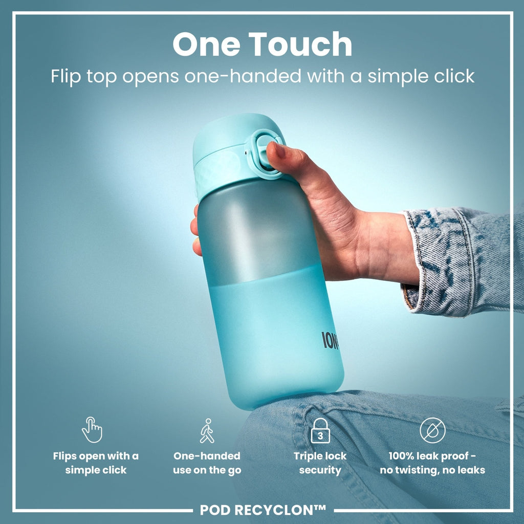 ION8 Recyclon Sonic Blue 350ml leak-proof water bottle for kids, featuring durable design and vibrant blue color.
