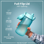 ION8 Recyclon Sonic Blue 350ml leak-proof water bottle, ideal for kids, with durable design and vibrant blue color.