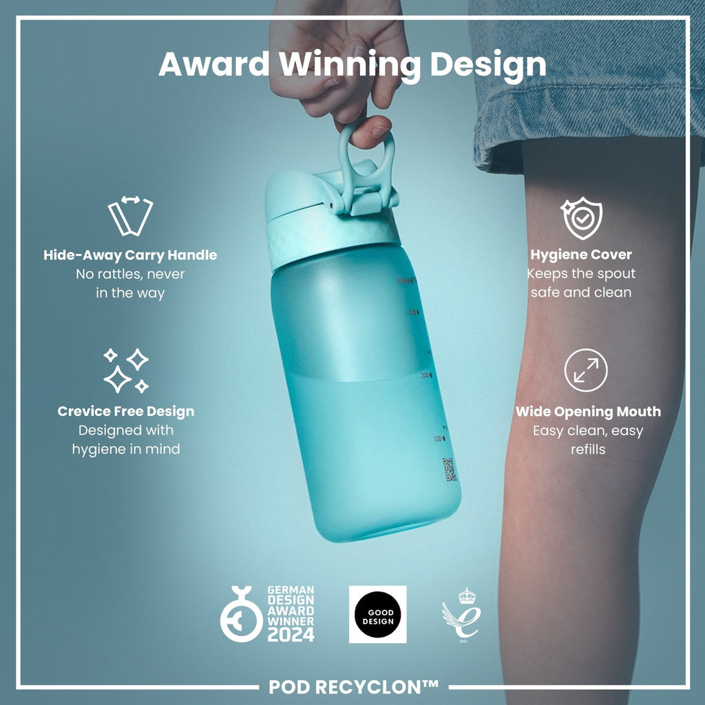 ION8 Recyclon Sonic Blue 350ml water bottle, leak-proof, designed for kids, featuring a durable, eco-friendly Recyclon bottle.