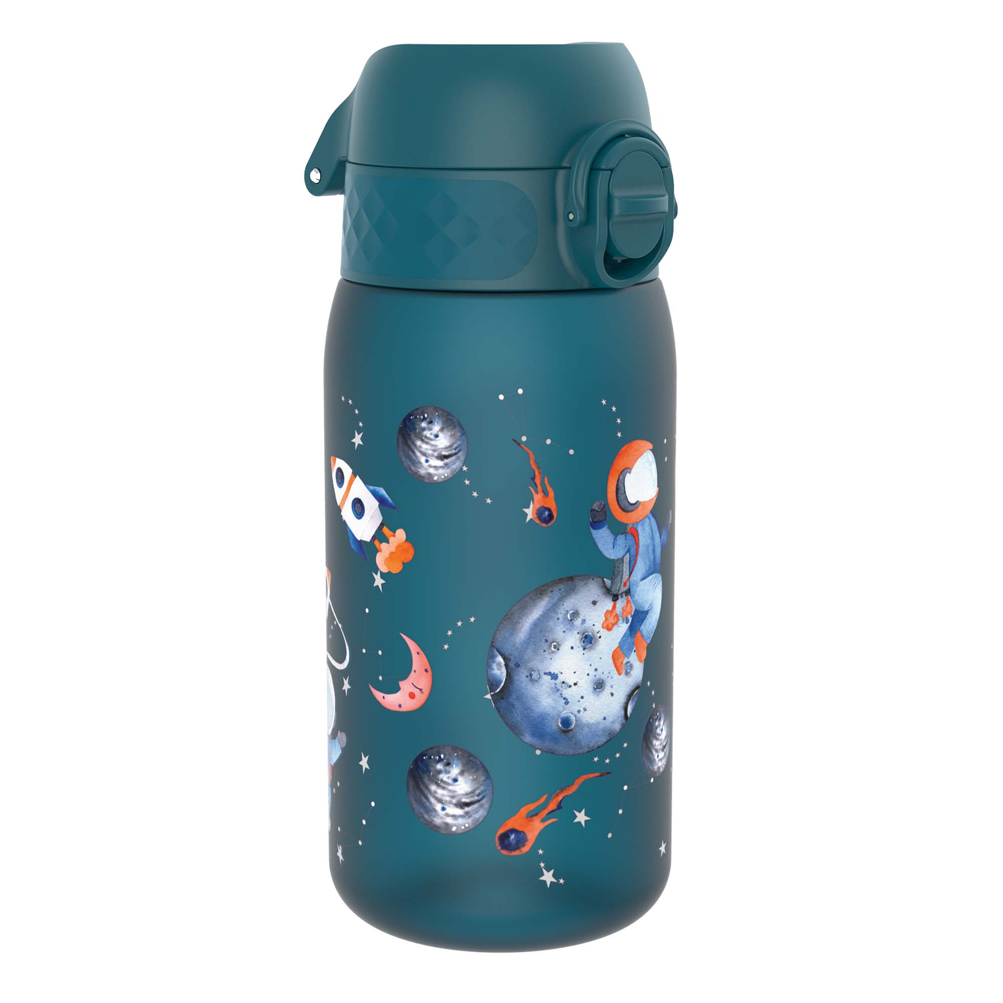 Ion8 Leak Proof Kids Recyclon Water Bottle with space design, 350ml (12oz), featuring a child-friendly, spill-proof water container.