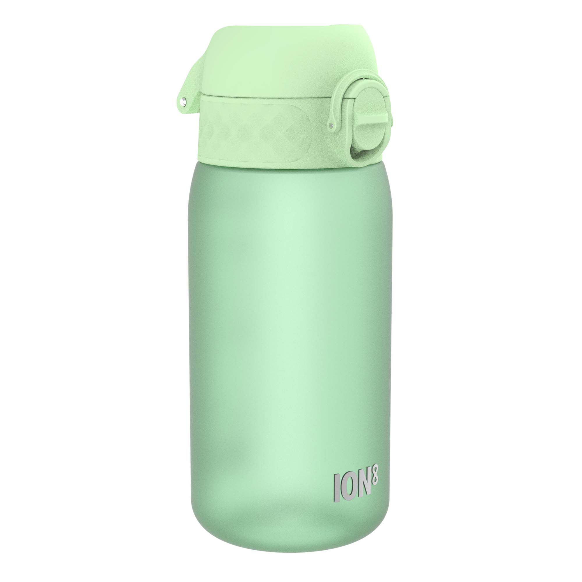 Ion8 leak-proof kids water bottle in surf green, 350ml Recyclon design with a secure lid and colorful eco-friendly appearance.