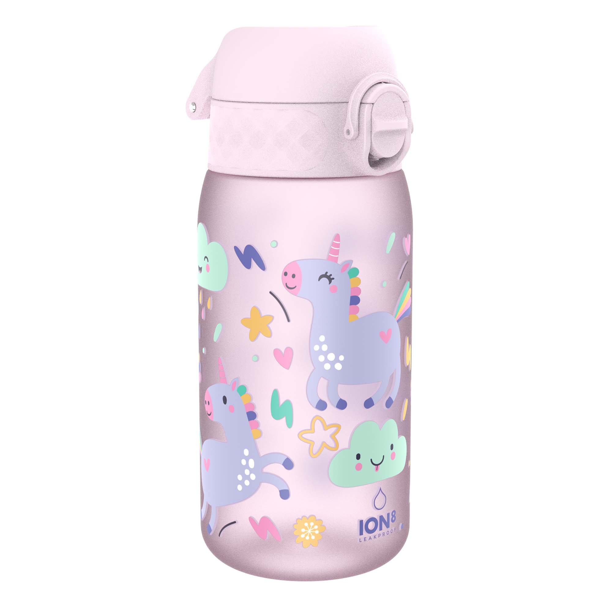 Ion8 leak-proof kids water bottle with unicorn design, 350ml Recyclon water bottle for children, durable and eco-friendly.