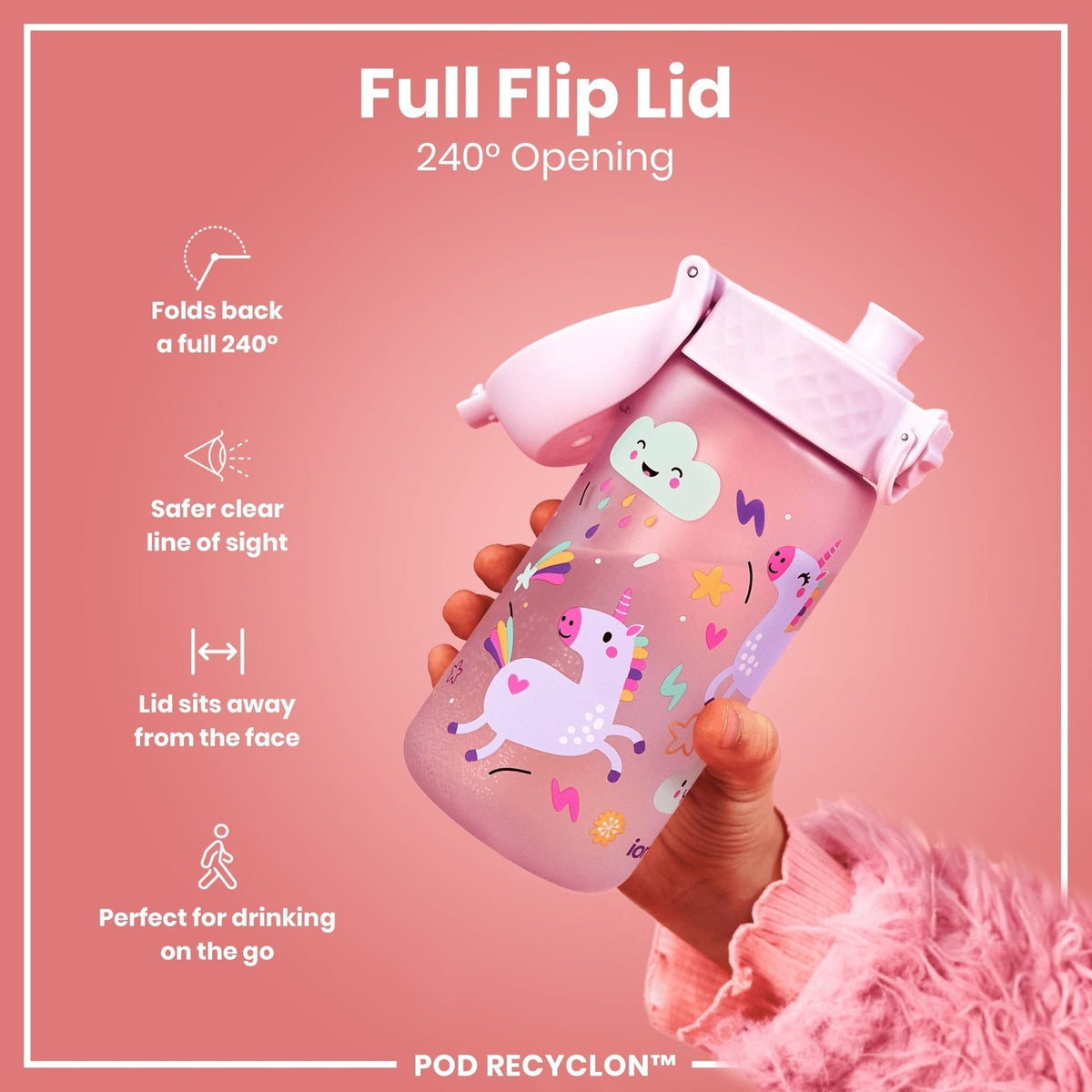 ION8 Recyclon Unicorns 350ml leak-proof kids water bottle with colorful unicorn design and durable plastic construction.