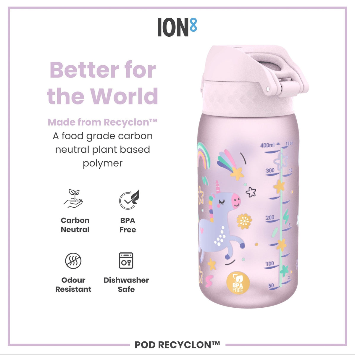 ION8 Recyclon Unicorns 350ml water bottle, leak-proof kids' Recyclon bottle with colorful unicorn design.