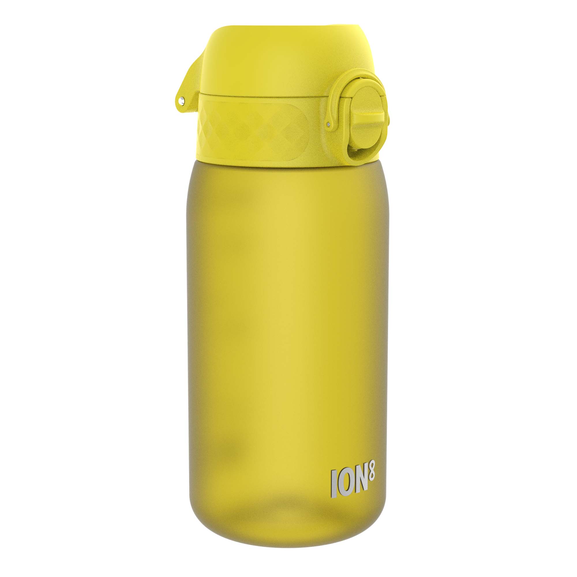 Yellow Recyclon kids water bottle by ION8, leak-proof design, 350ml capacity, with a secure lid and colorful appearance.
