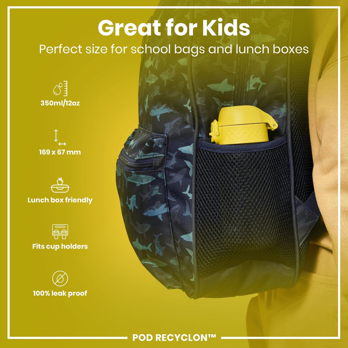Yellow 350ml Recyclon water bottle by ION8, leak-proof design for kids, made from recyclable materials.