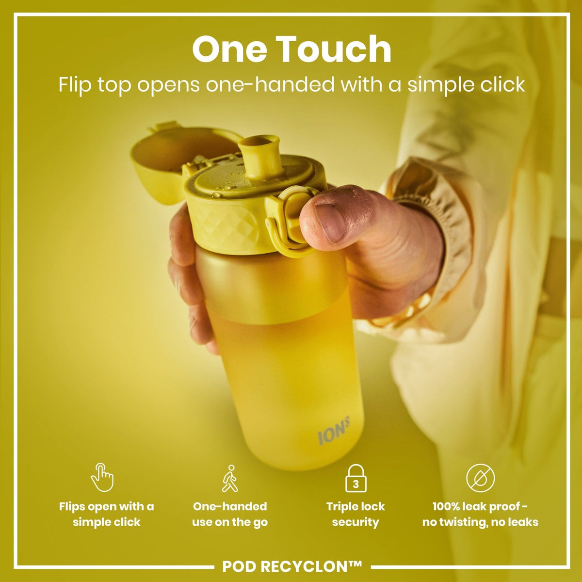 ION8 Recyclon yellow 350ml leak-proof water bottle for kids, made from recyclable materials, with a secure lid and vibrant color.