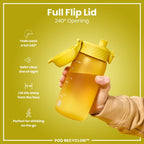 Ion8 Recyclon yellow 350ml leak-proof water bottle for kids, made from recyclable materials, with a secure lid and vibrant yellow color.