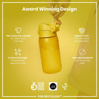 ION8 Recyclon yellow 350ml leak-proof kids water bottle, made from recycled materials with a durable design.