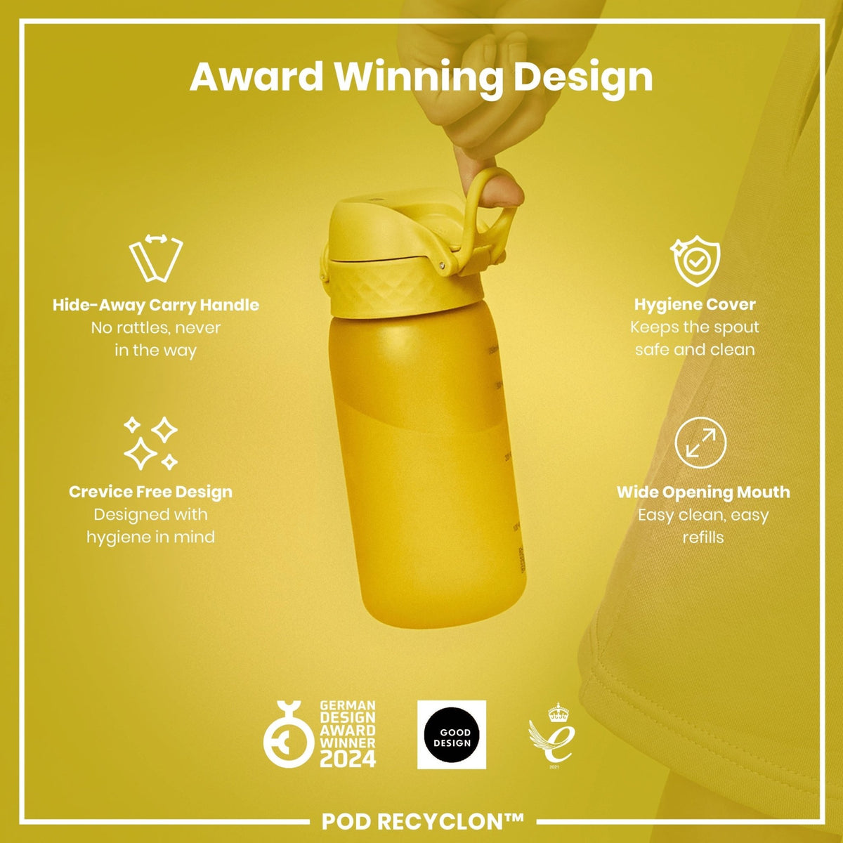 ION8 Recyclon yellow 350ml leak-proof kids water bottle, made from recycled materials with a durable design.