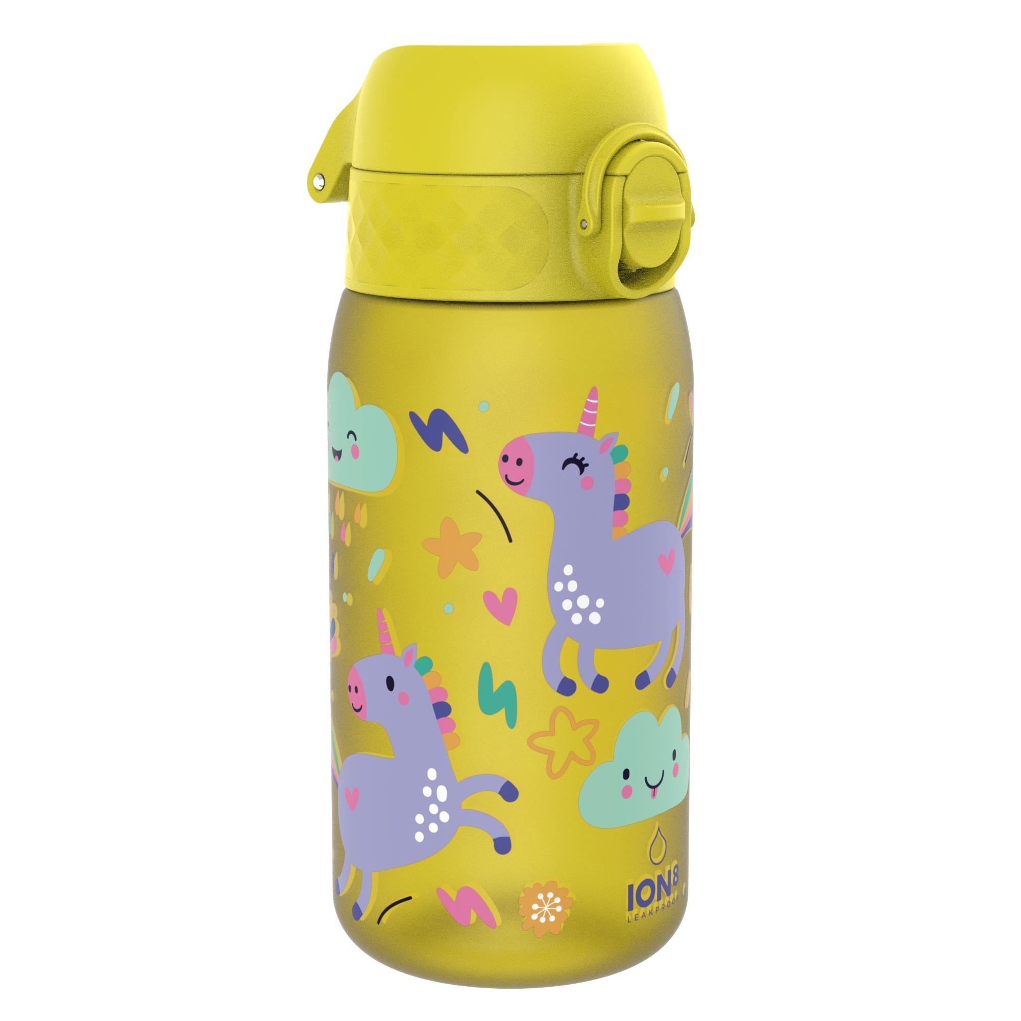 Recyclon leak-proof kids water bottle by ION8 with yellow unicorn design, 350ml capacity, made for children.