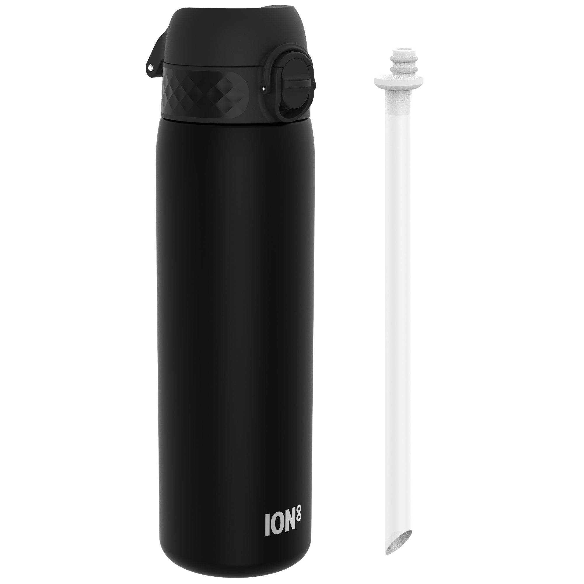 ION8 Recyclon leak-proof medium water bottle with straw in black, 500ml (18oz), featuring a durable design and ergonomic shape.