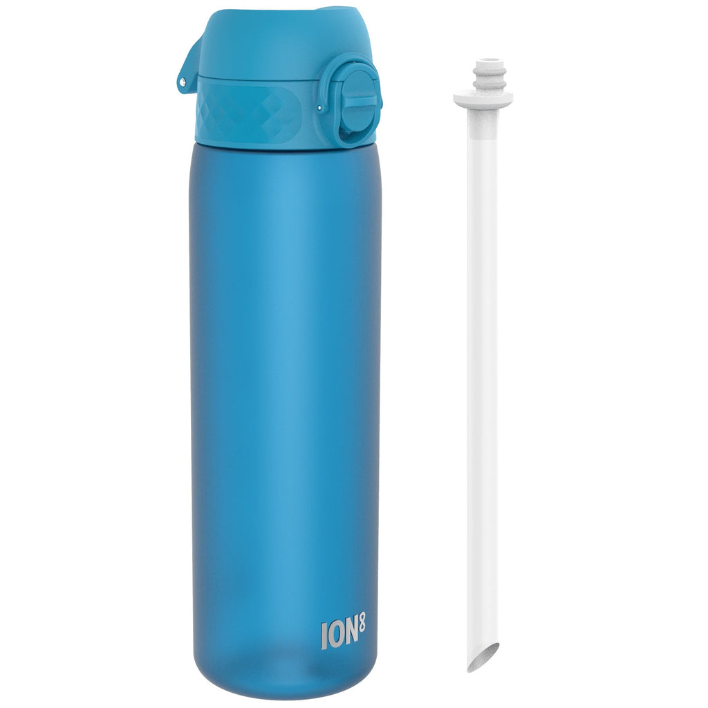 ION8 Recyclon Blue 500ml leak-proof water bottle with straw, made from recycled materials, durable and eco-friendly.