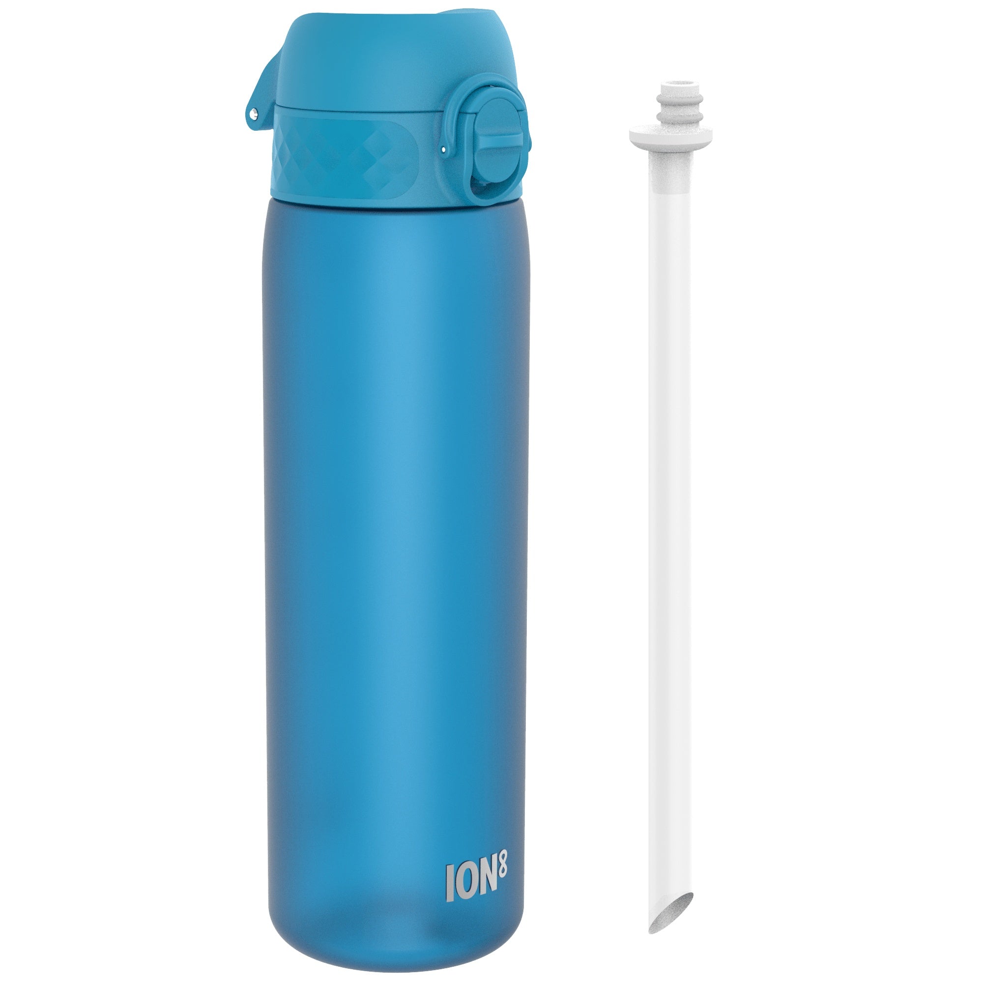 Blue ION8 Leak Proof Medium Water Bottle with Straw, 500ml Recyclon water bottle, featuring a secure lid and straw for easy drinking.