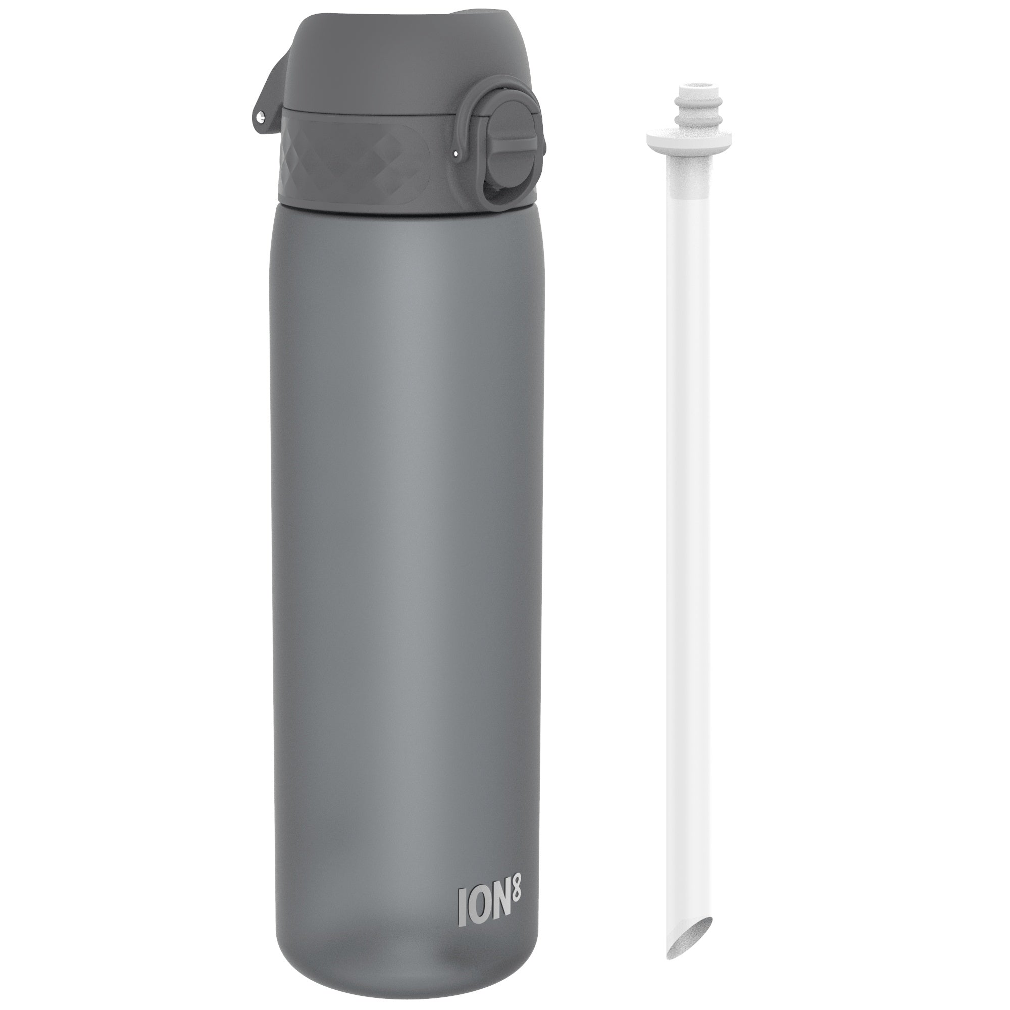 ION8 Recyclon leak-proof medium grey water bottle with straw, 500ml (18oz) for convenient hydration.