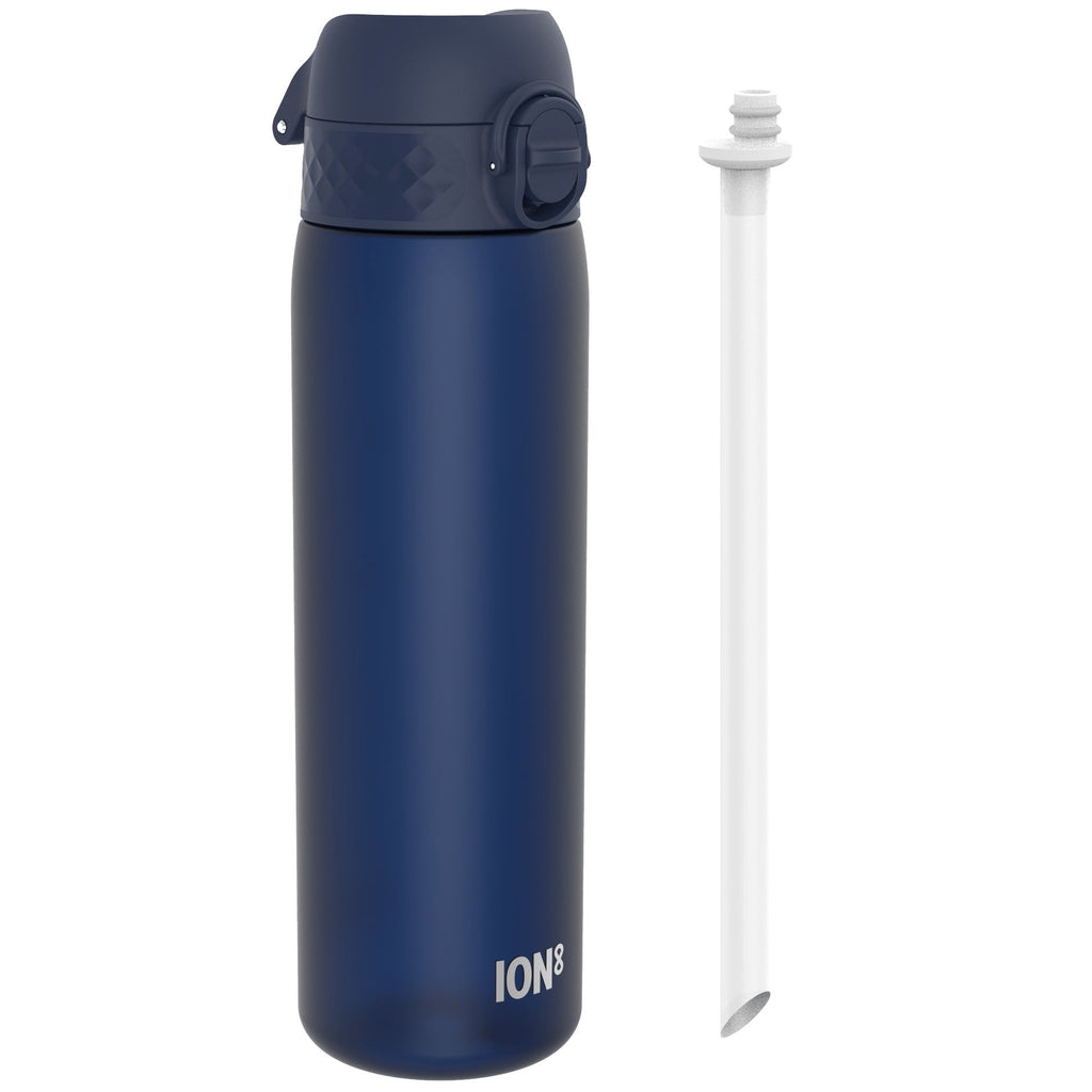 ION8 Recyclon Bottle Straw Navy 500ml water bottle with leak-proof design and built-in straw for easy drinking.