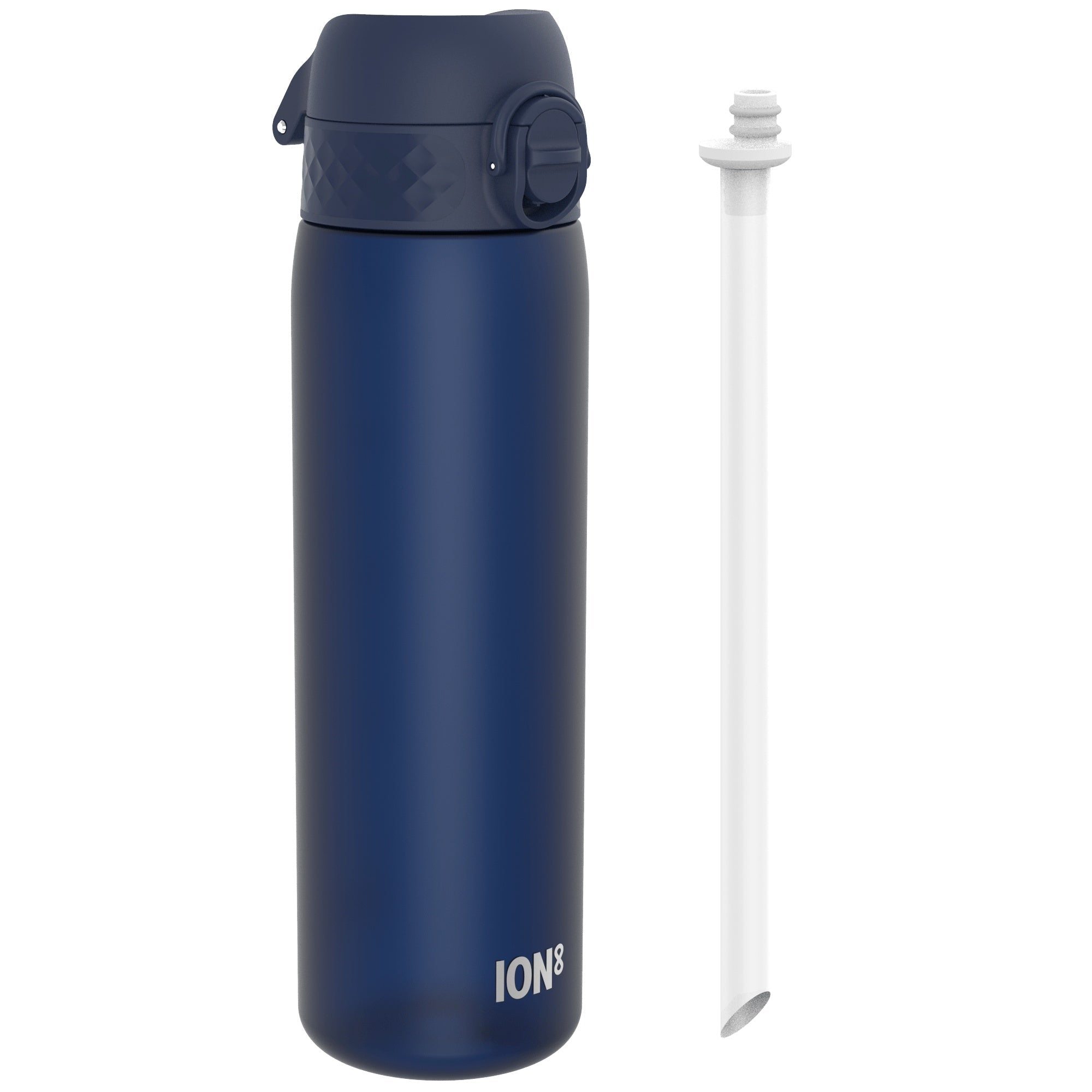 Ion8 leak-proof medium water bottle with straw in navy, 500ml (18oz), made from Recyclon material, shown with a secure lid and straw.