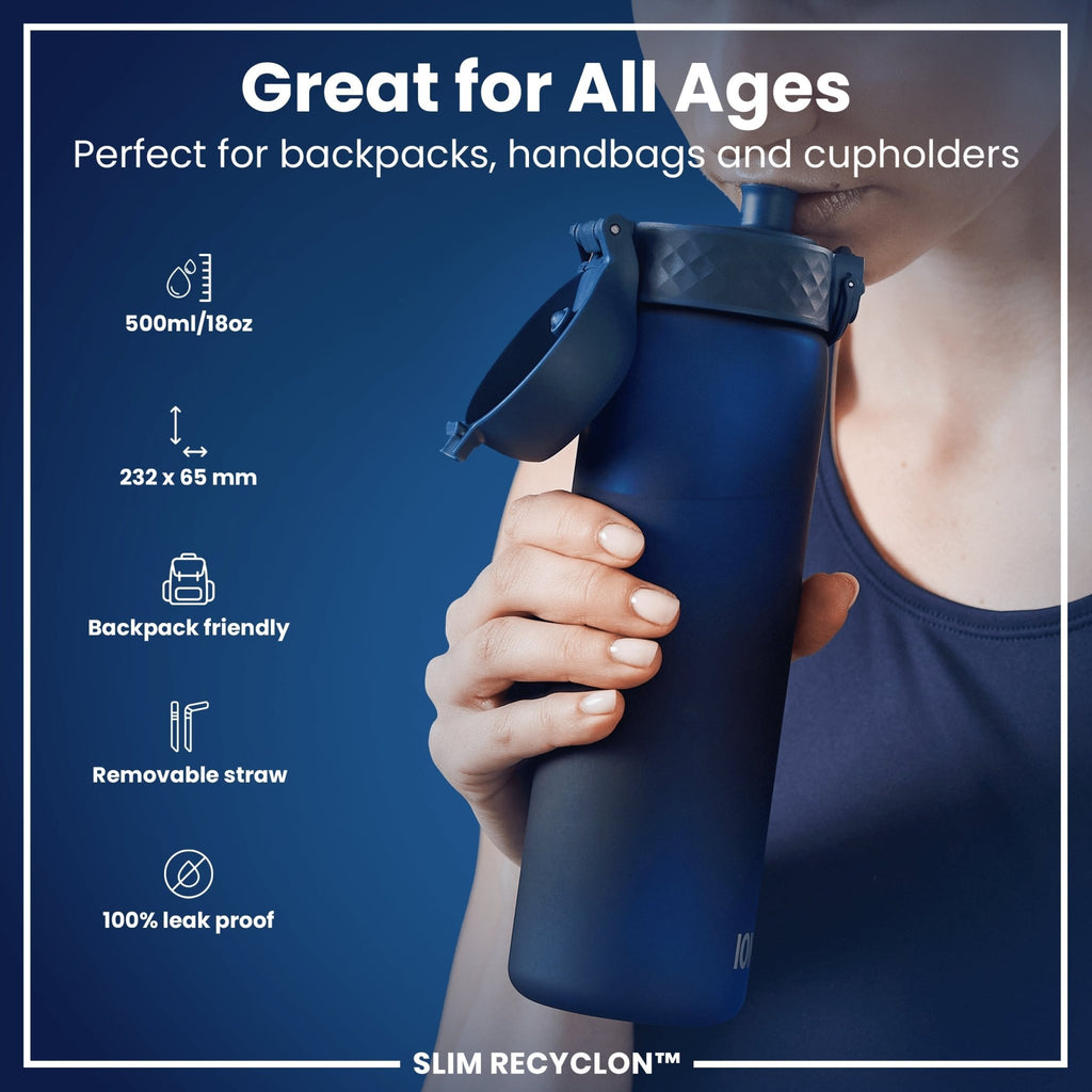 ION8 Recyclon water bottle in navy, 500ml, leak-proof with straw, durable eco-friendly design for on-the-go hydration