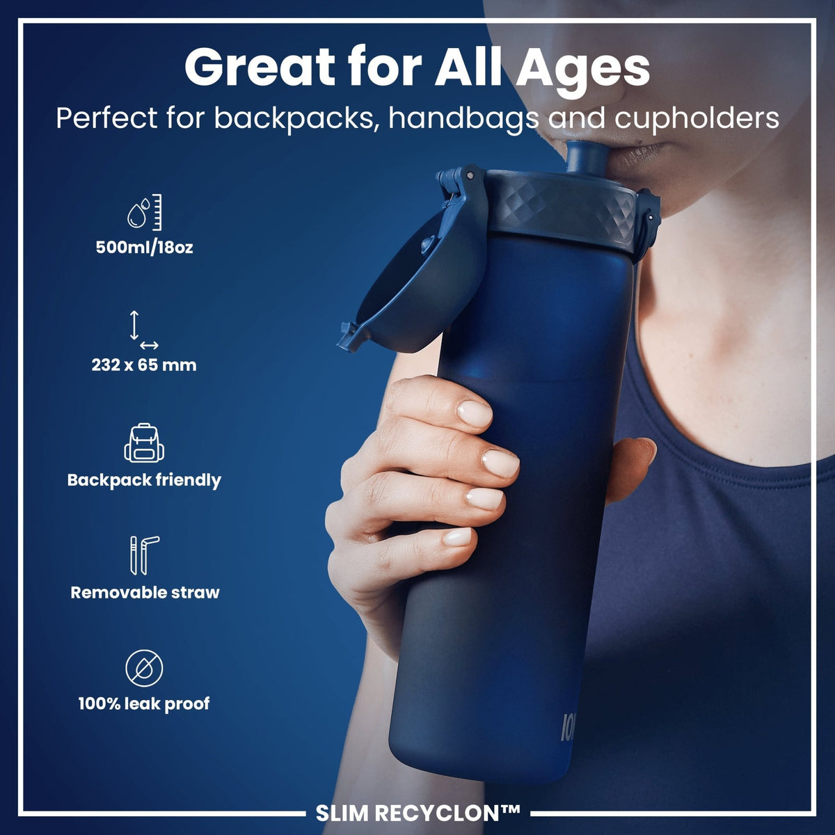 ION8 Recyclon water bottle in navy, 500ml, leak-proof with straw, durable eco-friendly design for on-the-go hydration