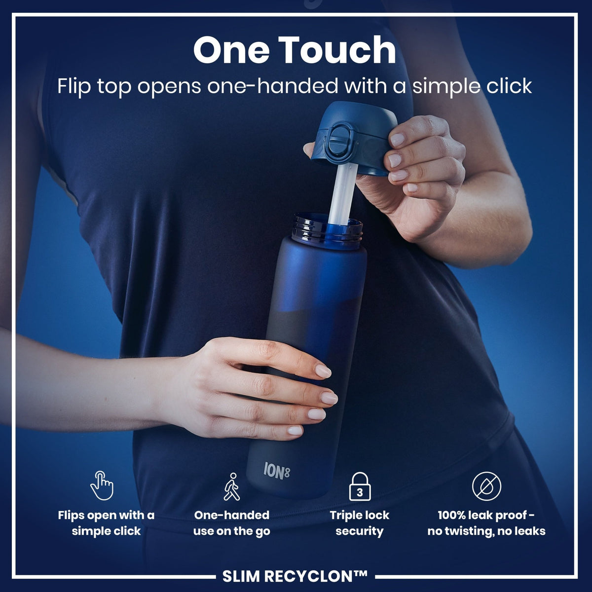 ION8 Recyclon Bottle Straw Navy 500ml reusable water bottle with leak-proof design and integrated straw.