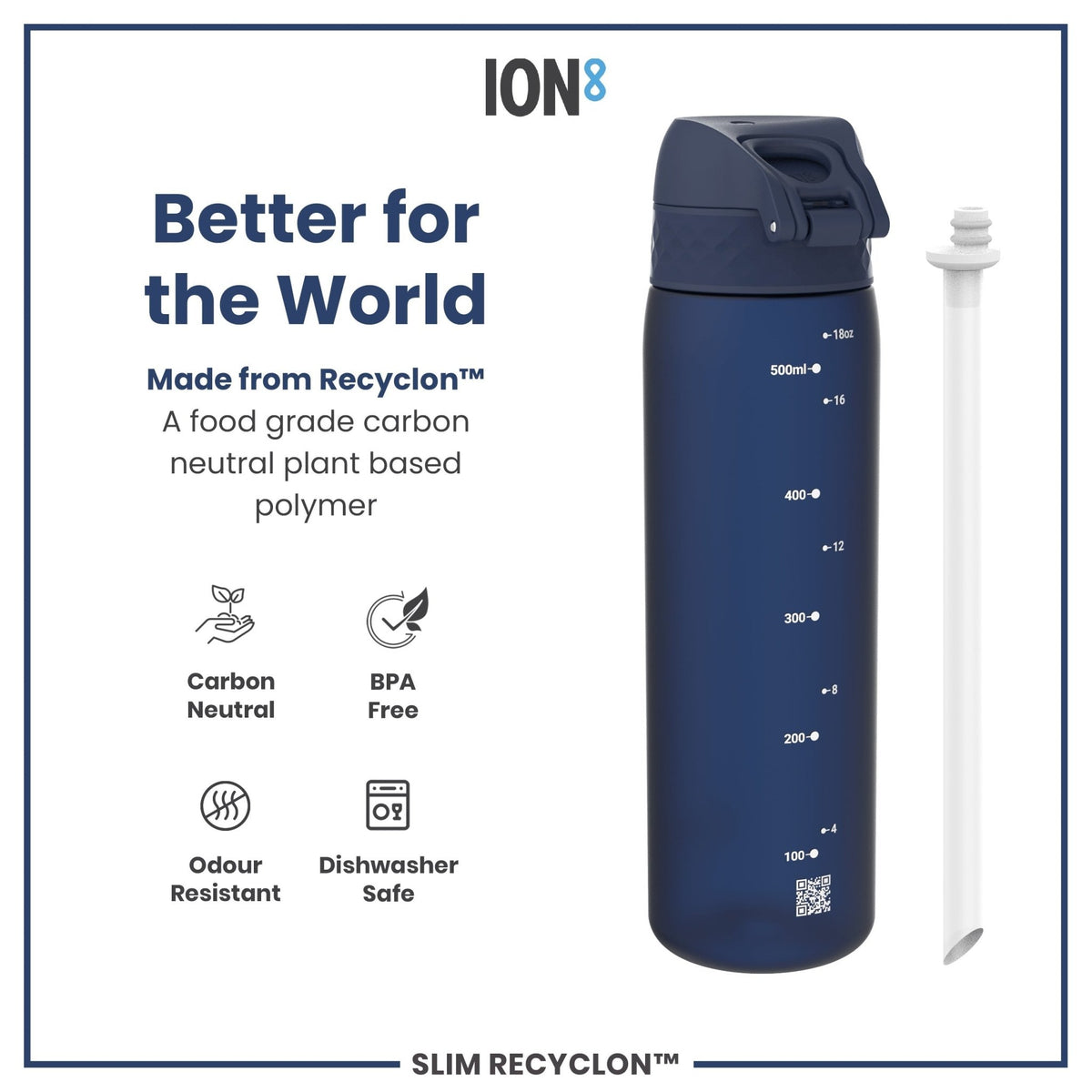 ION8 Recyclon navy 500ml water bottle with straw, leak-proof design, made from recyclable materials, for eco-friendly hydration.