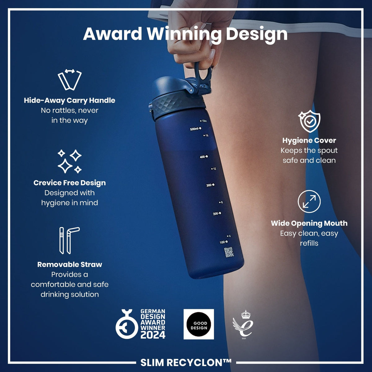 ION8 Recyclon Navy 500ml water bottle with straw, leak-proof design, made from recycled materials, perfect for on-the-go hydration.