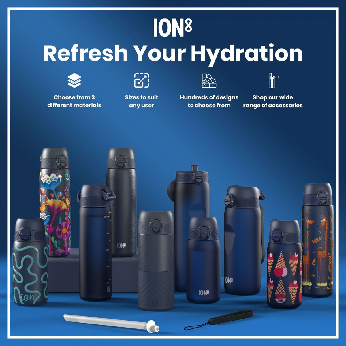 ION8 Recyclon Bottle Straw Navy 500ml water bottle with leak-proof design and built-in straw, made from eco-friendly Recyclon material.