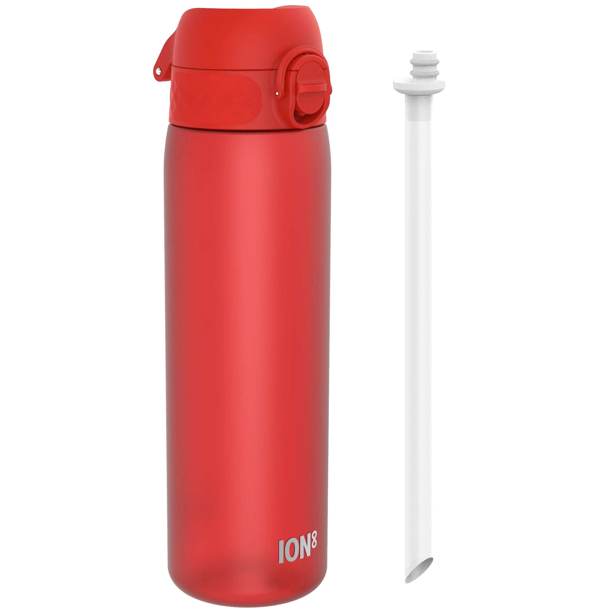 ION8 Recyclon leak-proof medium water bottle with straw, red, 500ml (18oz), durable plastic, designed for hydration on the go.