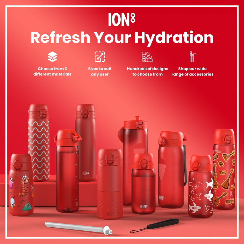 ION8 Recyclon red 500ml water bottle with straw, leak-proof design, made from recycled materials, medium size.
