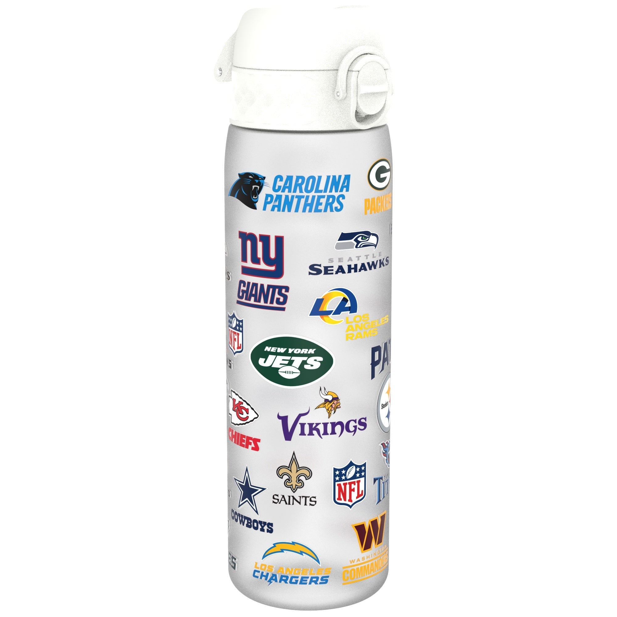 ION8 Recyclon leak-proof NFL water bottle in 500ml, featuring team logos and a durable design for sports hydration.
