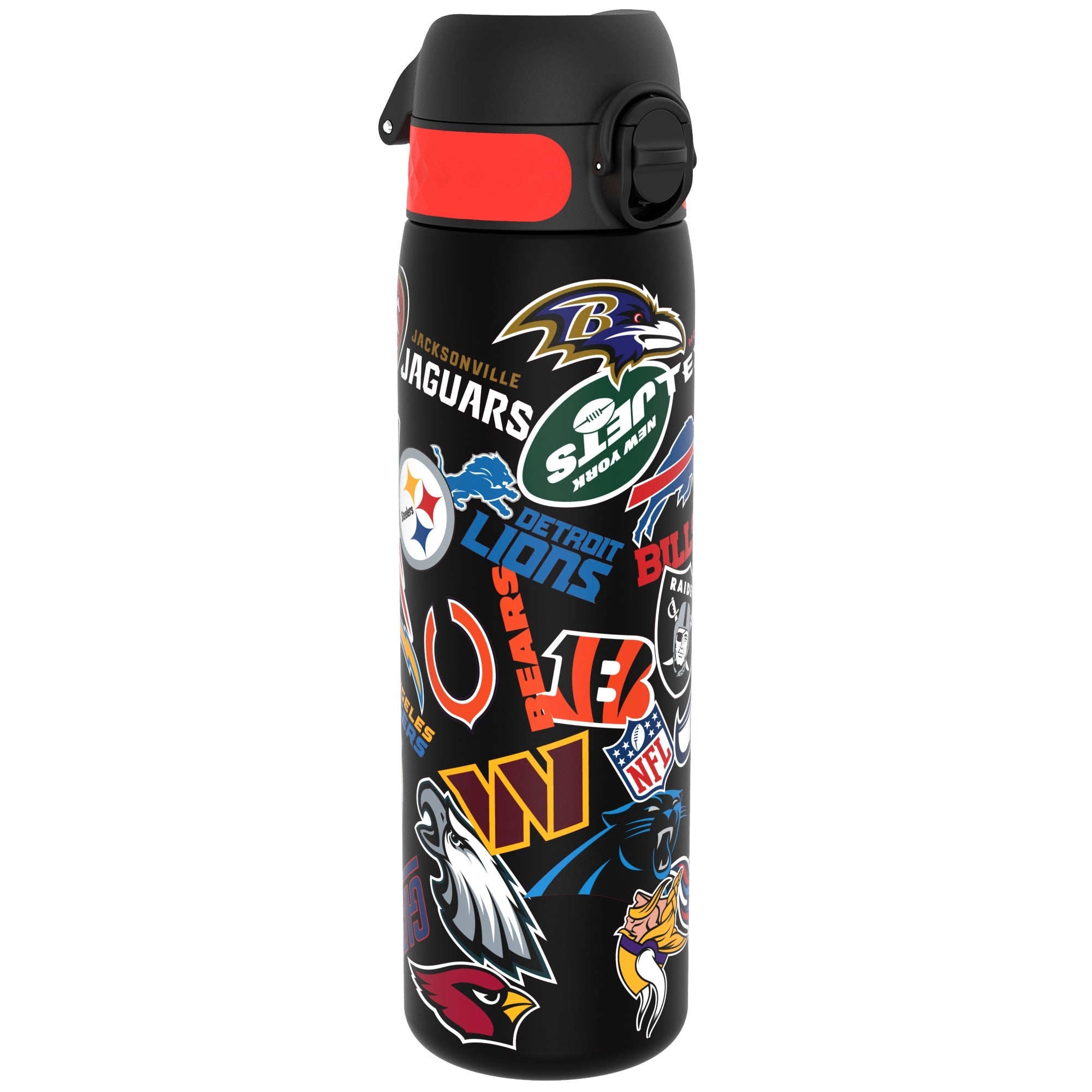 ION8 Leak Proof NFL Recyclon water bottle with patch logos, 500ml (18oz), featuring a sleek design and secure lid.