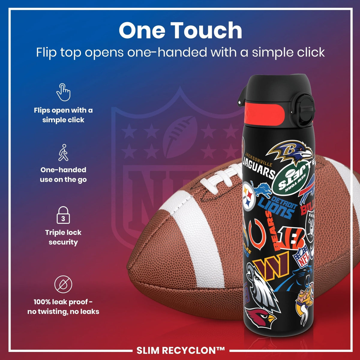 ION8 Recyclon NFL Patch Logos 500ml water bottle, leak-proof design with NFL patch logos, made from eco-friendly Recyclon material.