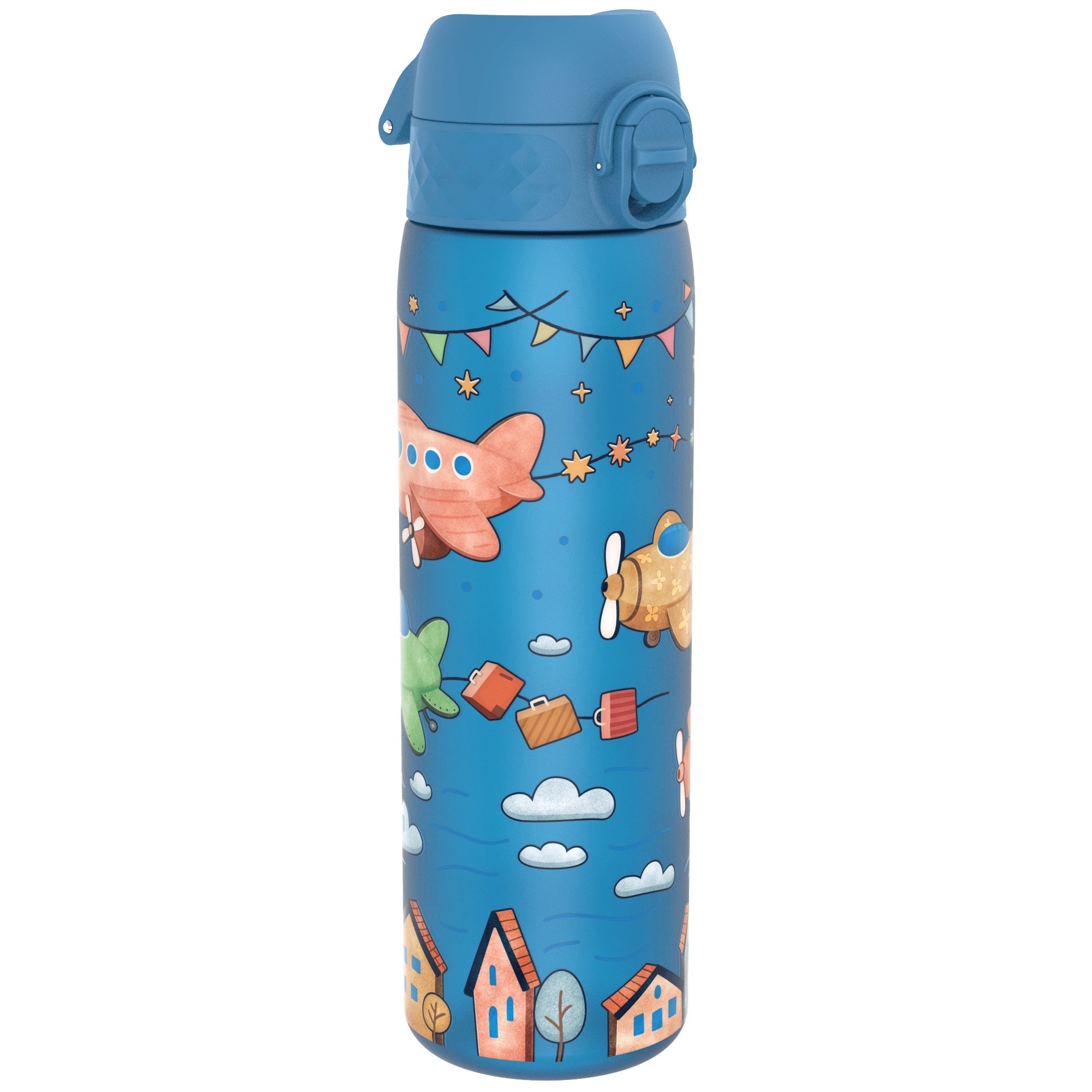 ION8 Recyclon Leak Proof Slim Water Bottle with airplane design, 500ml (18oz), recyclable plastic, fits in bags and backpacks.