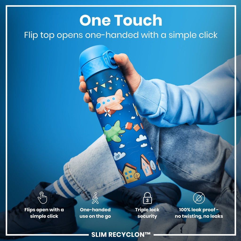 Ion8 Recyclon water bottle with airplane design, 500ml capacity, leak-proof slim water bottle for on-the-go hydration.