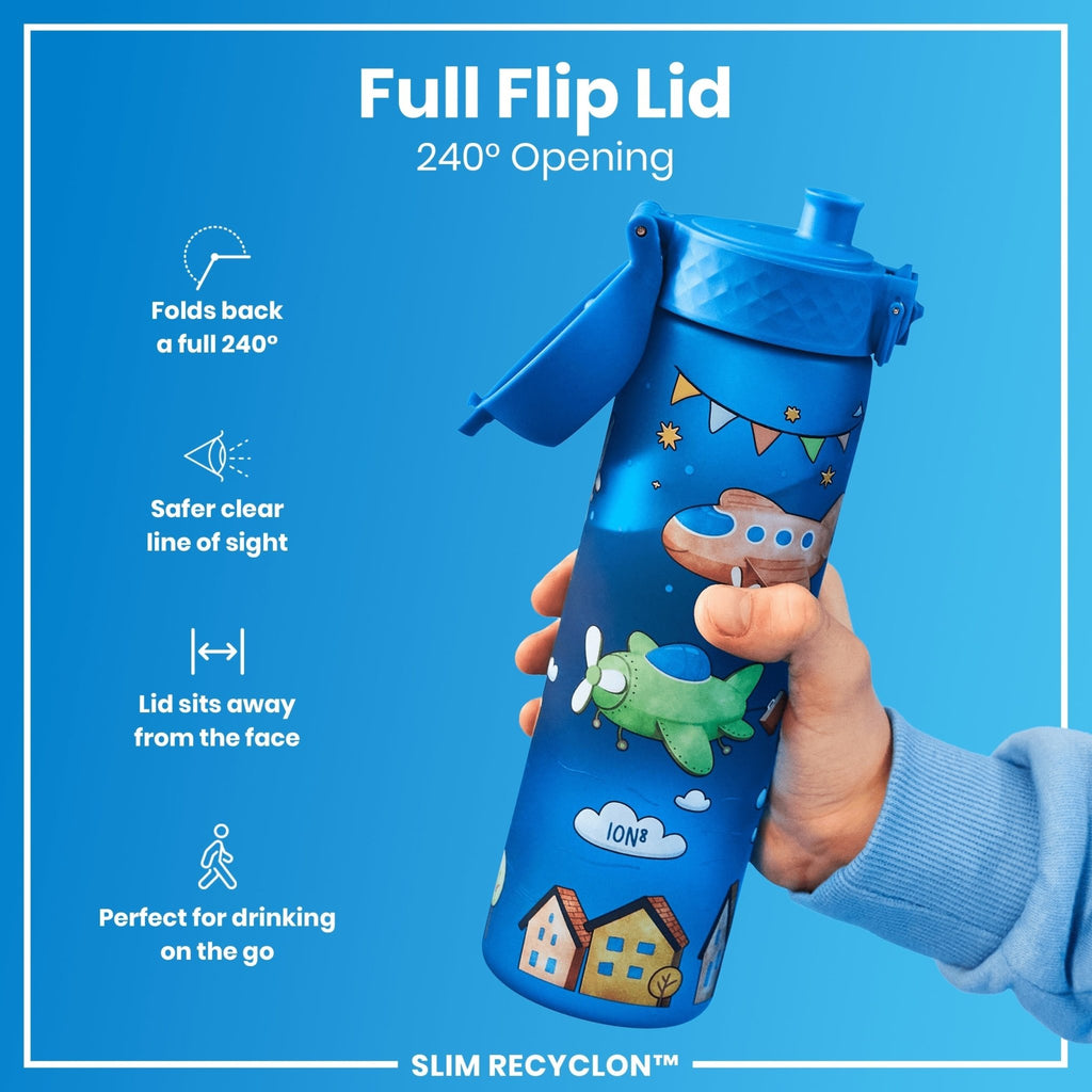 ION8 Recyclon 500ml leak-proof water bottle with airplane design, slim and durable, ideal for on-the-go hydration.