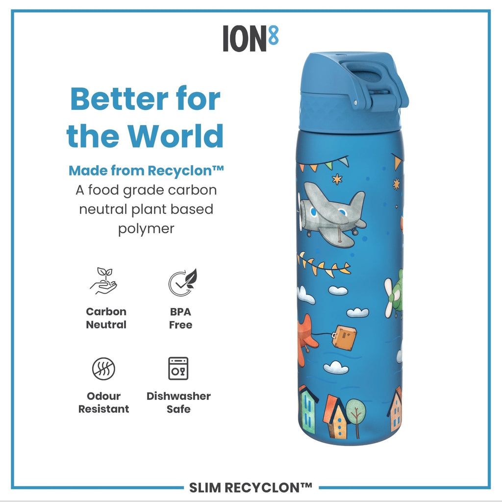 Ion8 Recyclon 500ml water bottle featuring airplane design, leak-proof slim water bottle made from recyclable materials.