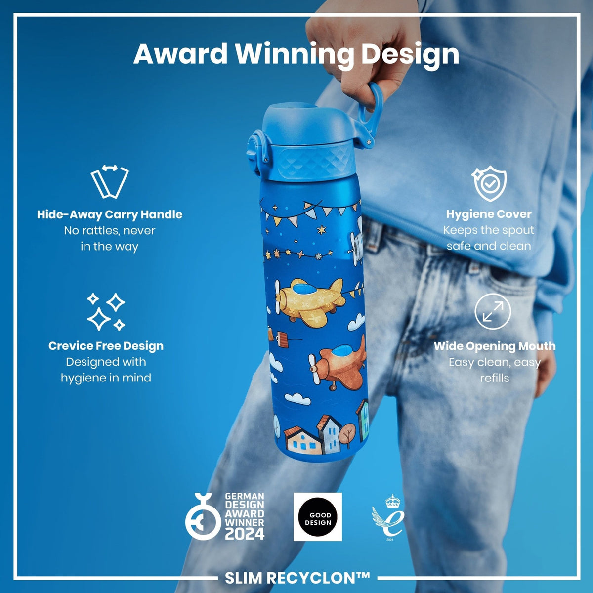 ION8 Recyclon 500ml water bottle featuring colorful airplane design, leak-proof slim reusable bottle for daily hydration.