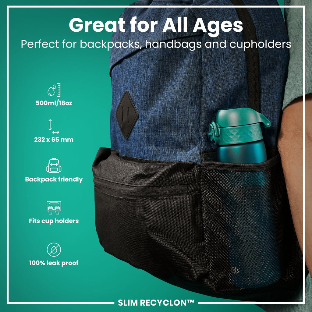 Ion8 Recyclon Aqua 500ml leak-proof slim water bottle showing the sleek design and compact size for on-the-go hydration.